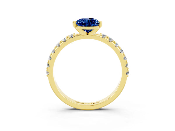 Yellow gold Pear Cut Blue Sapphire Solitaire Pavé Band with Four-Prong Setting