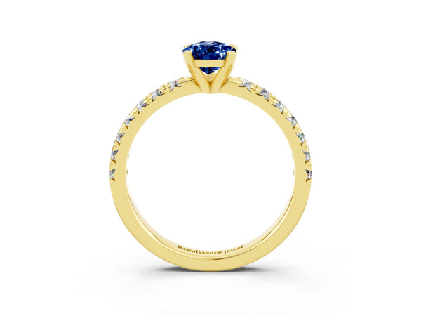 Yellow gold Pear Cut Blue Sapphire Solitaire Pavé Engagement Ring with Round Band and Prong Setting