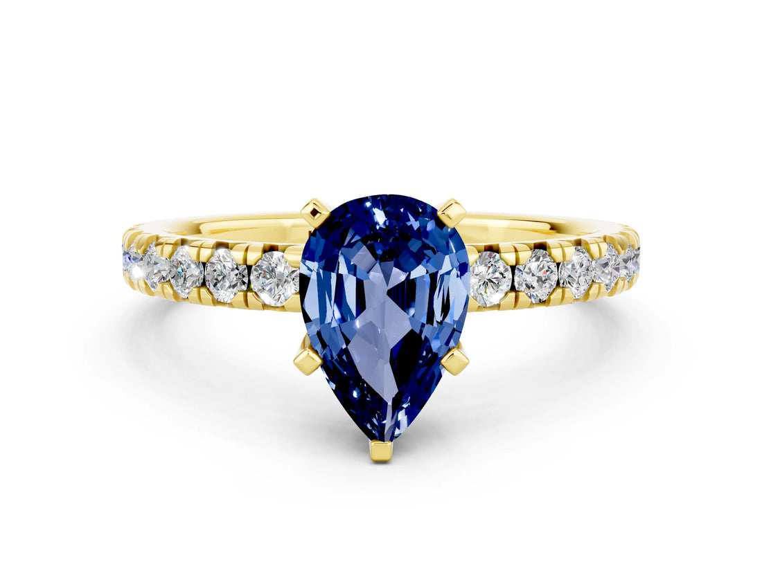 Yellow gold Pear Cut Blue Sapphire Solitaire Pavé Engagement Ring with Round Band and Prong Setting_72