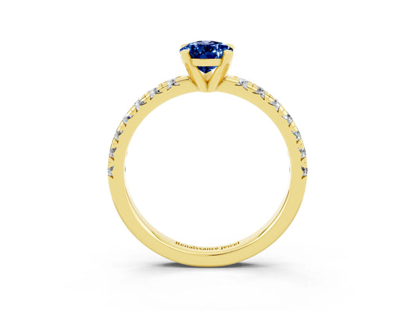 Yellow gold Pear Cut Blue Sapphire Solitaire Pavé Engagement Ring with Round Band and Prong Setting