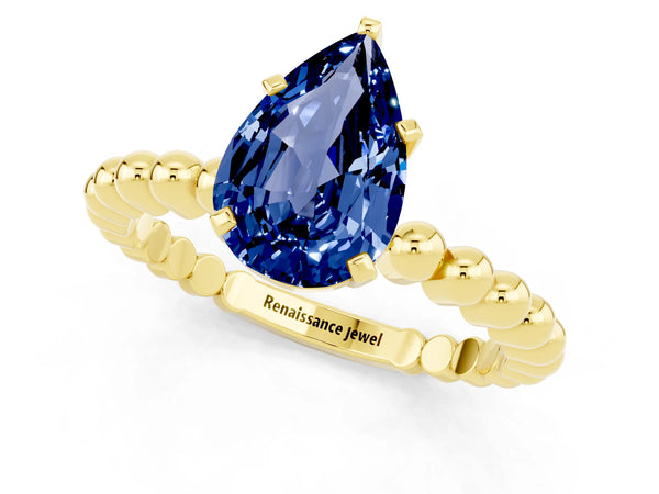 Yellow gold Pear Cut Blue Sapphire Solitaire Ring with Beaded Band and Prong Setting
