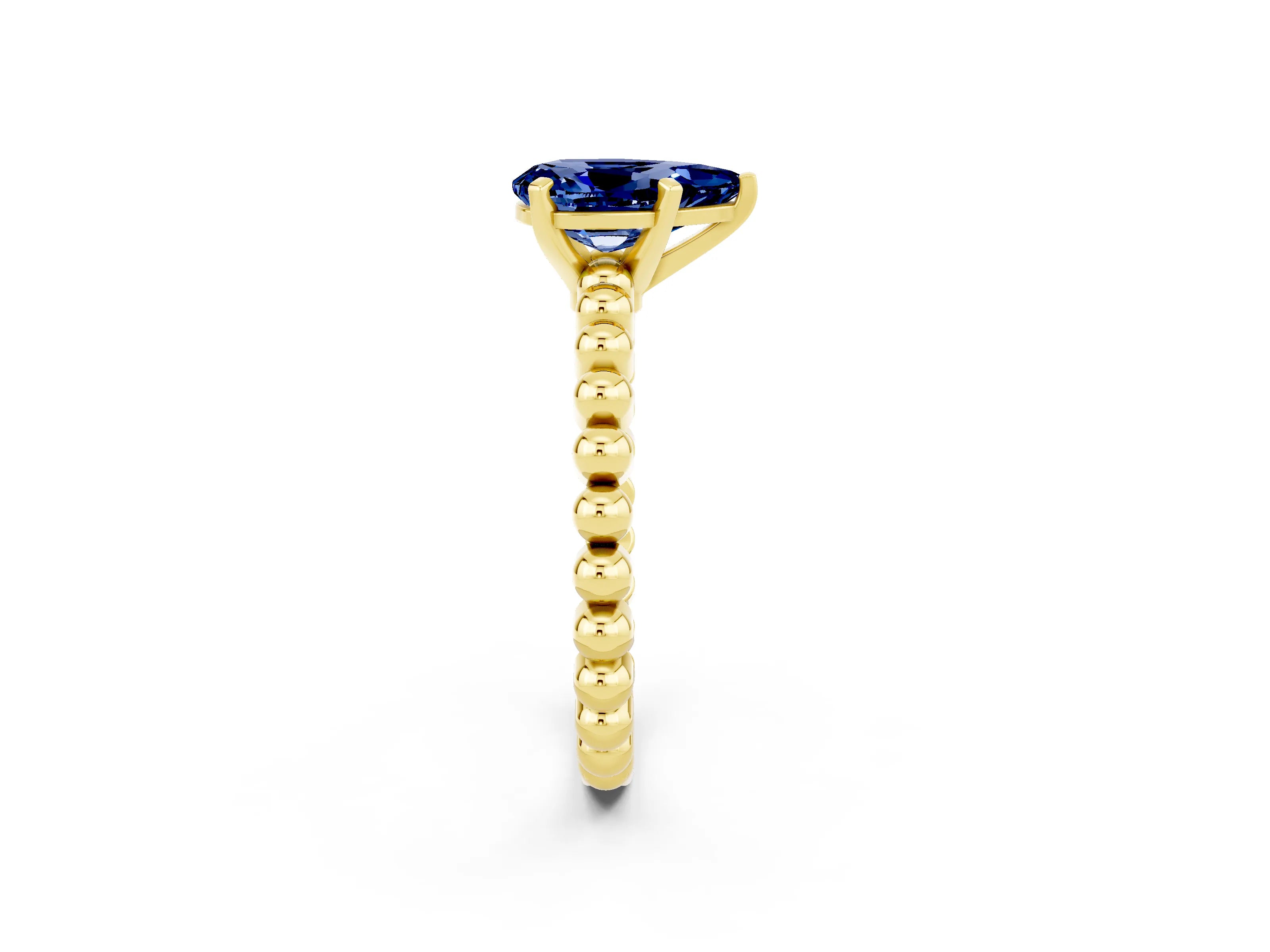 Yellow gold Pear Cut Blue Sapphire Solitaire Ring with Beaded Band and Prong Setting_2