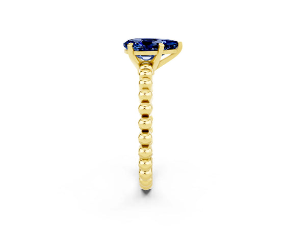 Yellow gold Pear Cut Blue Sapphire Solitaire Ring with Beaded Band and Prong Setting