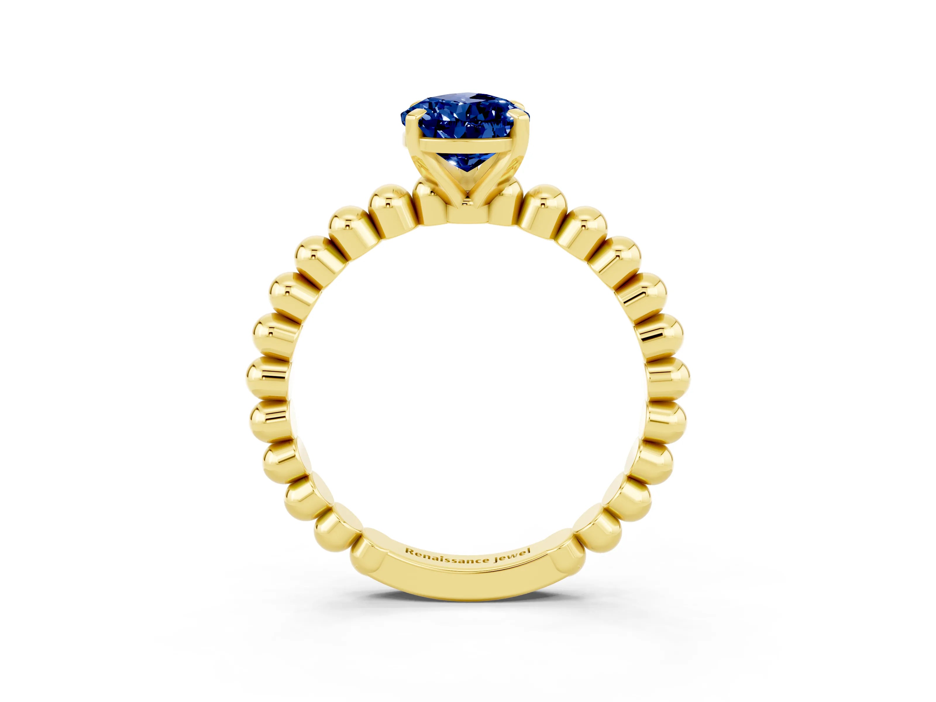 Yellow gold Pear Cut Blue Sapphire Solitaire Ring with Beaded Band and Prong Setting_3