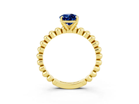 Yellow gold Pear Cut Blue Sapphire Solitaire Ring with Beaded Band and Prong Setting_3
