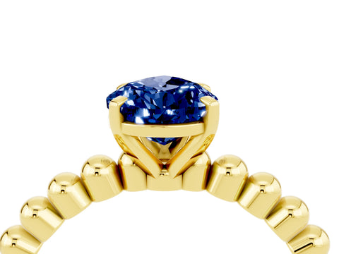 Yellow gold Pear Cut Blue Sapphire Solitaire Ring with Beaded Band and Prong Setting_4
