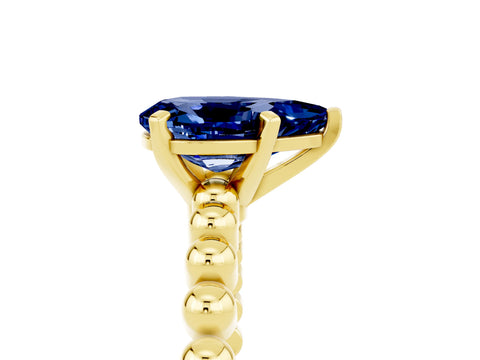 Yellow gold Pear Cut Blue Sapphire Solitaire Ring with Beaded Band and Prong Setting_5