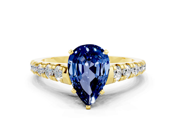 Yellow gold Pear Cut Blue Sapphire Cathedral Solitaire Ring with Round  Pavé Band