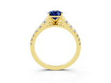 Yellow gold Pear Cut Blue Sapphire Solitaire Ring with Cathedral Setting and Pavé Band_3