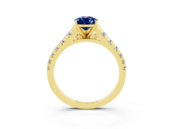 Yellow gold Pear Cut Blue Sapphire Cathedral Solitaire Ring with Round  Pavé Band