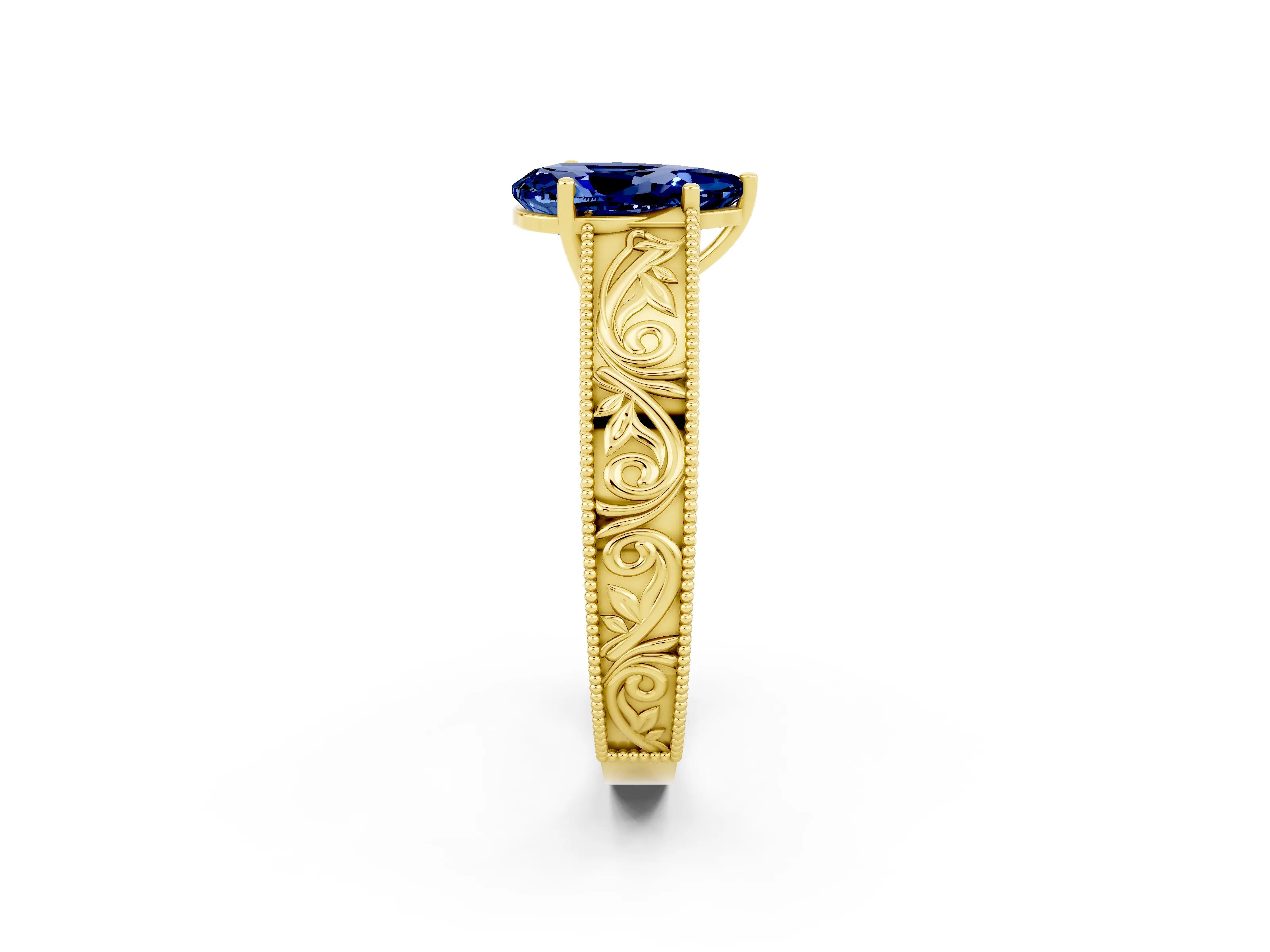 Yellow gold Pear Cut Blue Sapphire Solitaire Ring with Engraved Band and Four-Prong Setting_2