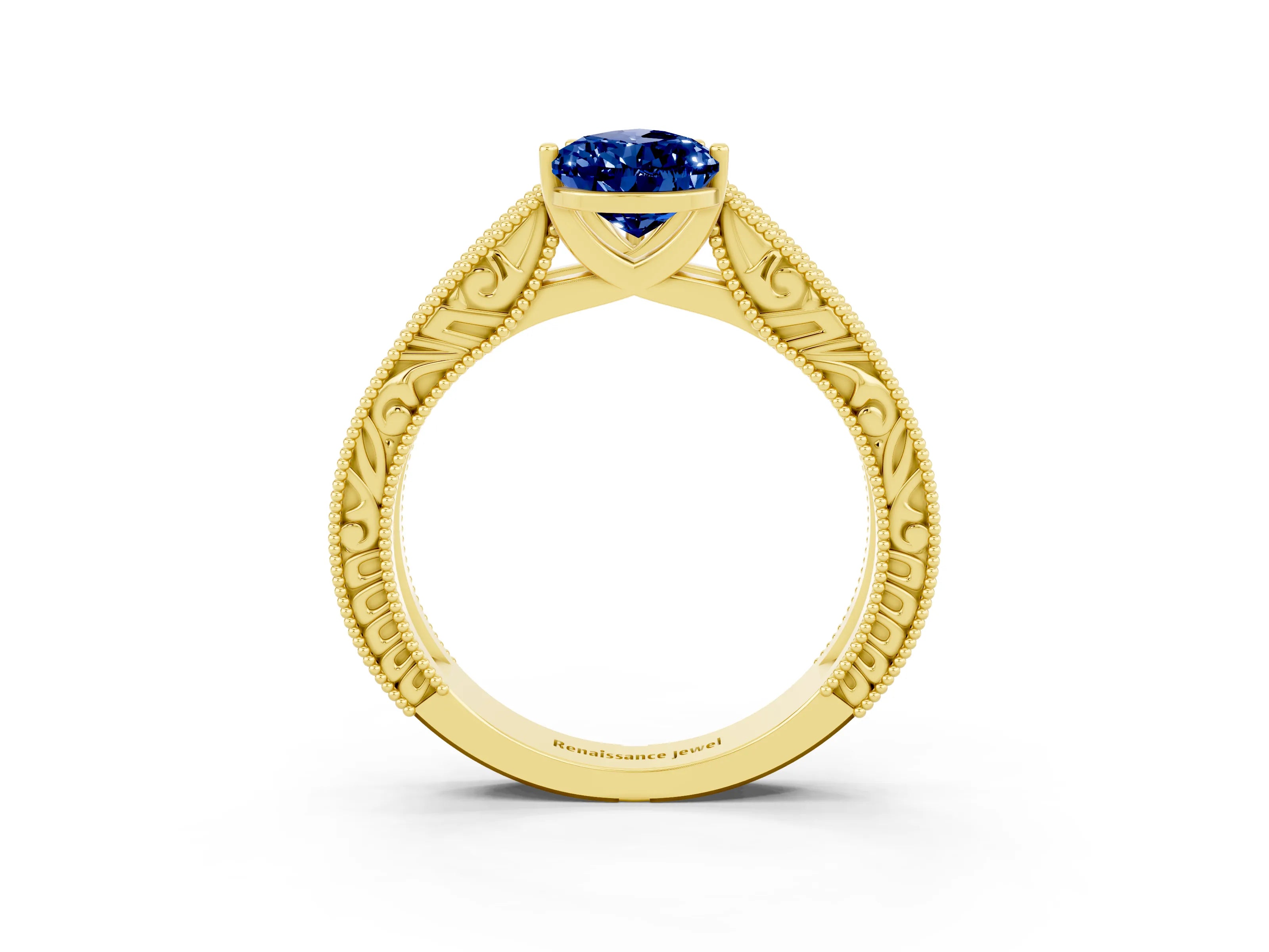 Yellow gold Pear Cut Blue Sapphire Solitaire Ring with Engraved Band and Four-Prong Setting_3