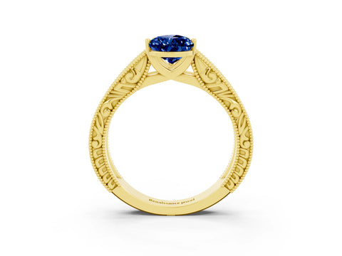 Yellow gold Pear Cut Blue Sapphire Solitaire Ring with Engraved Band and Four-Prong Setting_3