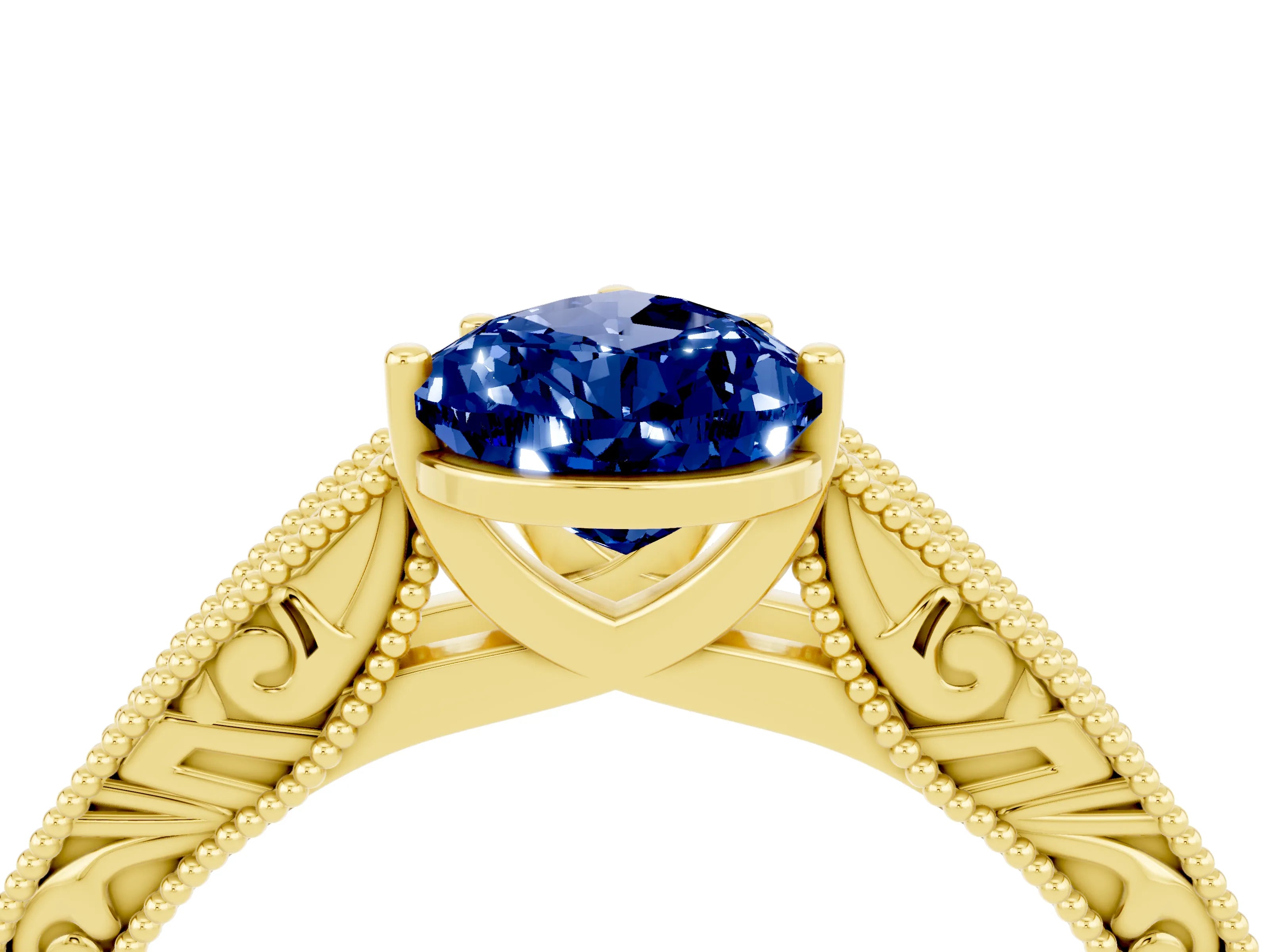 Yellow gold Pear Cut Blue Sapphire Solitaire Ring with Engraved Band and Four-Prong Setting_4