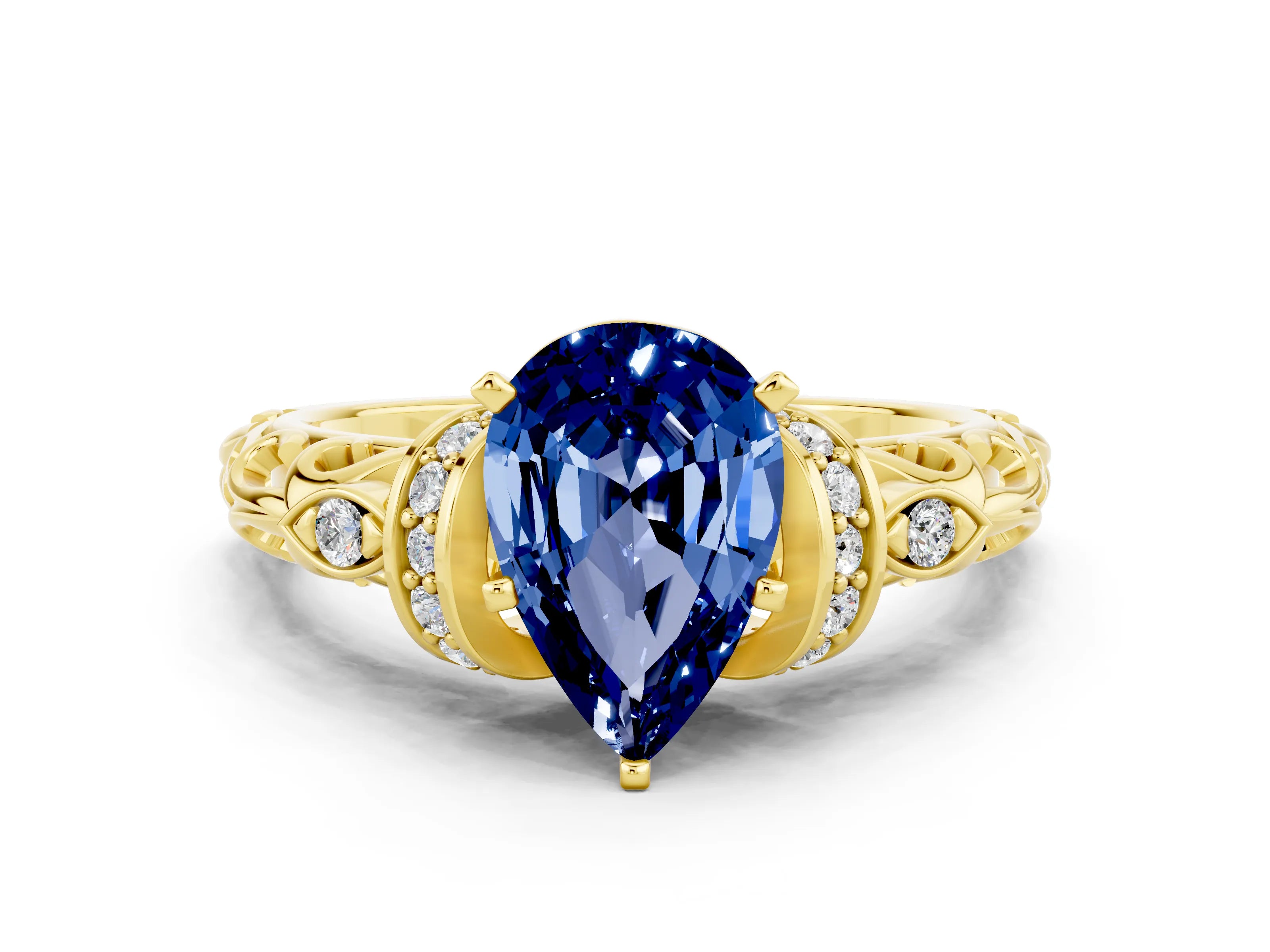 Yellow gold Pear Cut Blue Sapphire Solitaire Ring with Filigree Band and Four-Prong Setting_24