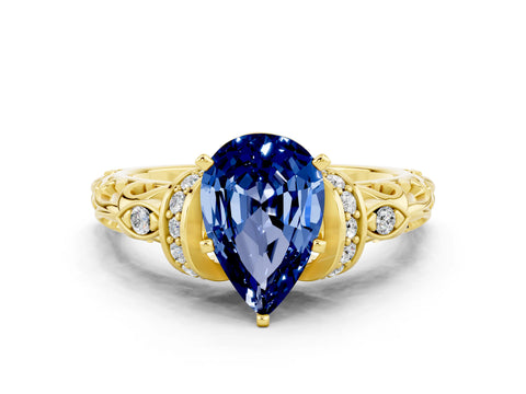 Yellow gold Pear Cut Blue Sapphire Solitaire Ring with Filigree Band and Four-Prong Setting_24