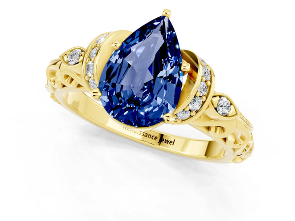 Yellow gold Pear Cut Blue Sapphire Solitaire Ring with Filigree Band and Four-Prong Setting
