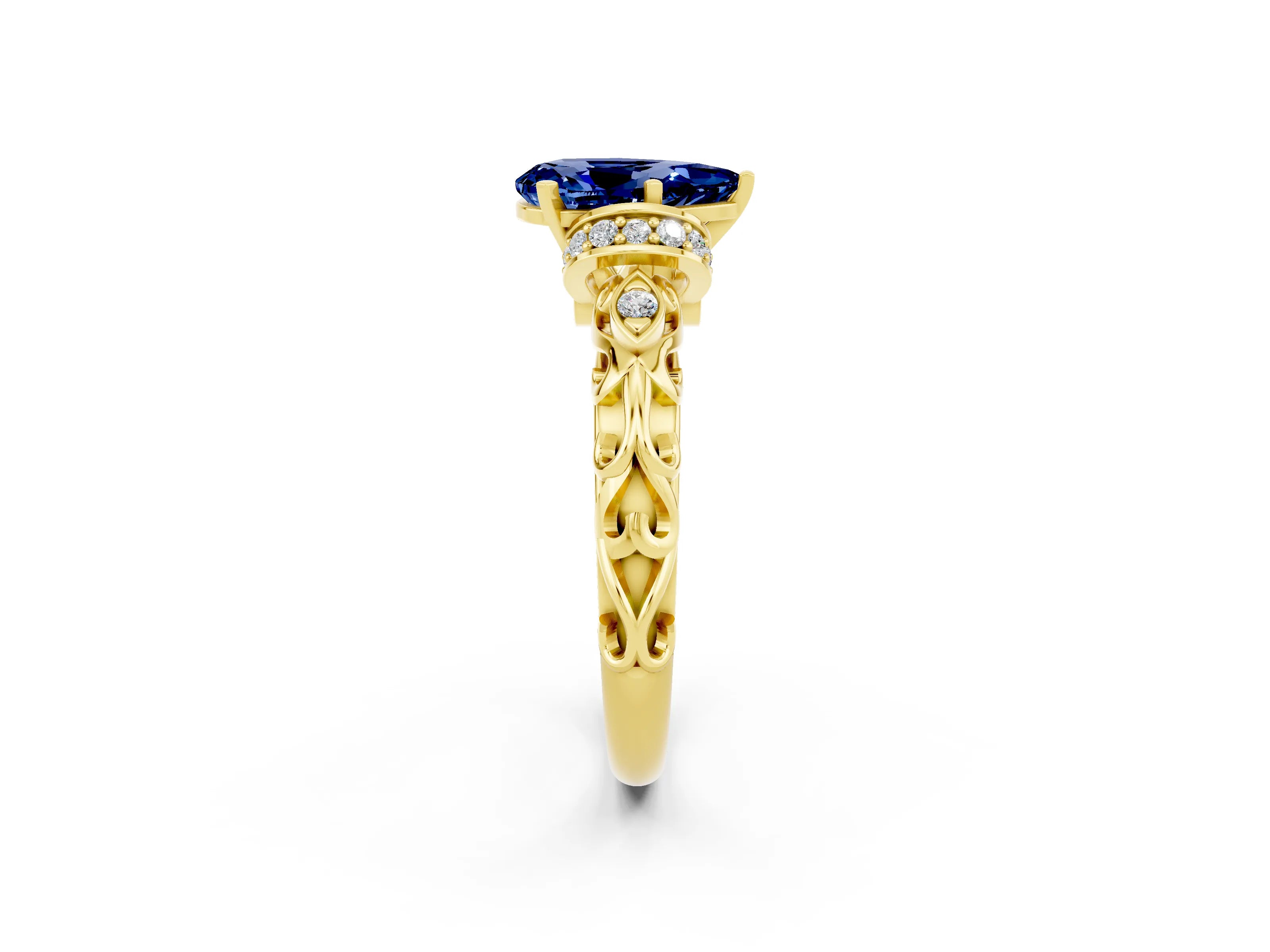 Yellow gold Pear Cut Blue Sapphire Solitaire Ring with Filigree Band and Four-Prong Setting_26