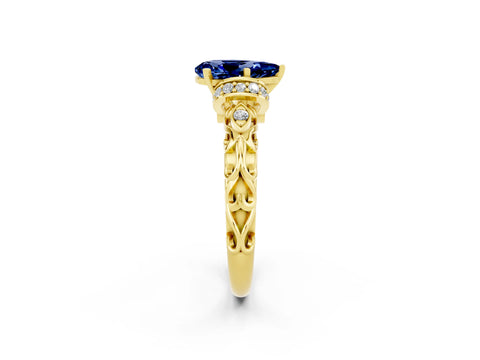 Yellow gold Pear Cut Blue Sapphire Solitaire Ring with Filigree Band and Four-Prong Setting_26