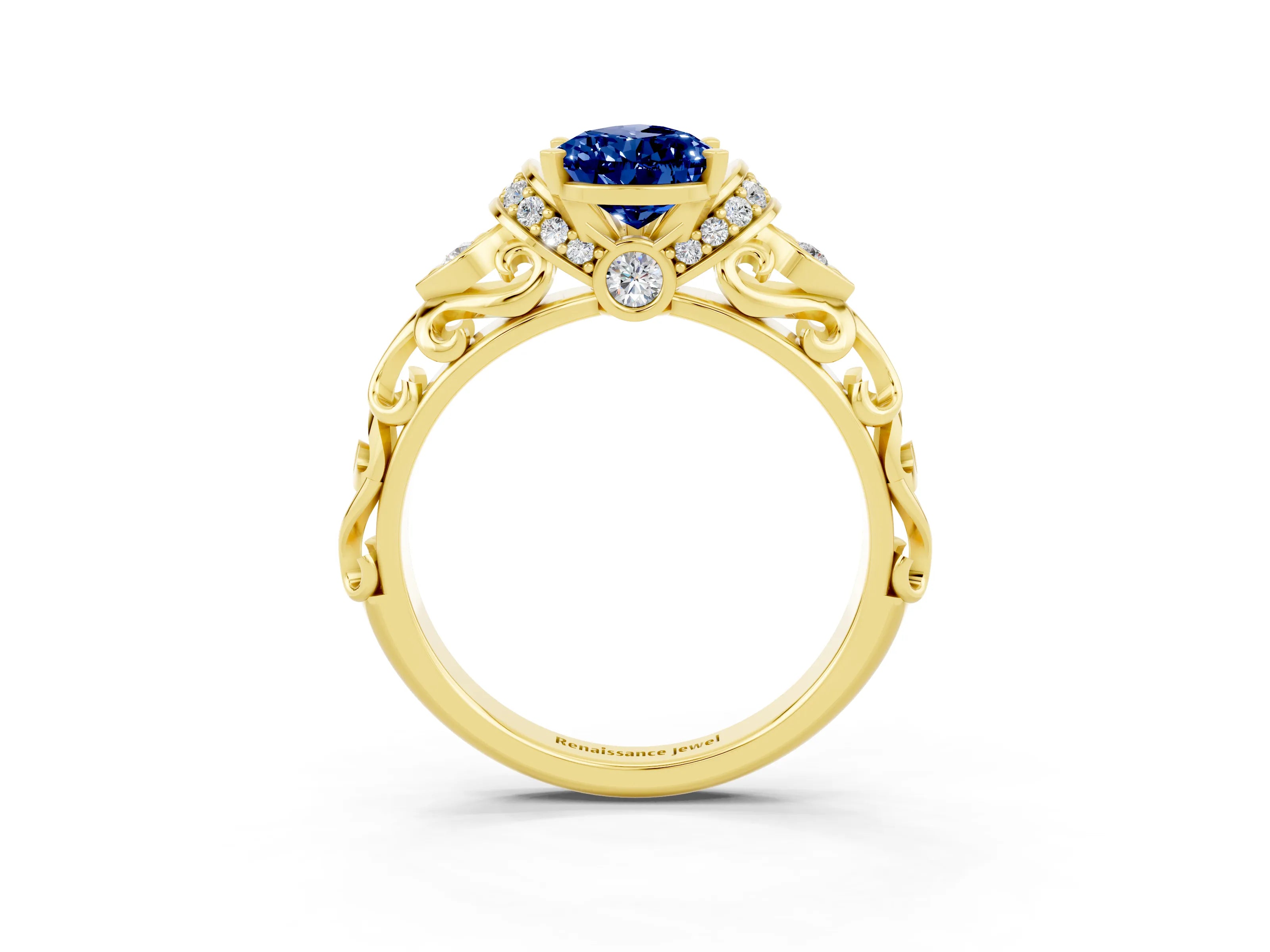 Yellow gold Pear Cut Blue Sapphire Solitaire Ring with Filigree Band and Four-Prong Setting_27