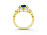 Yellow gold Pear Cut Blue Sapphire Solitaire Ring with Filigree Band and Four-Prong Setting_27