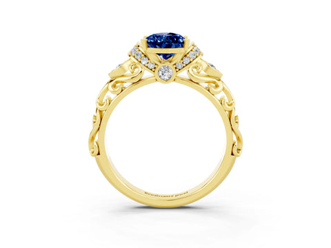 Yellow gold Pear Cut Blue Sapphire Solitaire Ring with Filigree Band and Four-Prong Setting_27