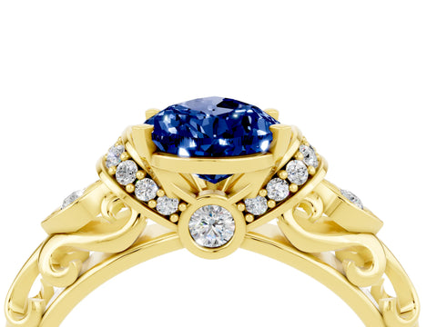 Yellow gold Pear Cut Blue Sapphire Solitaire Ring with Filigree Band and Four-Prong Setting_28