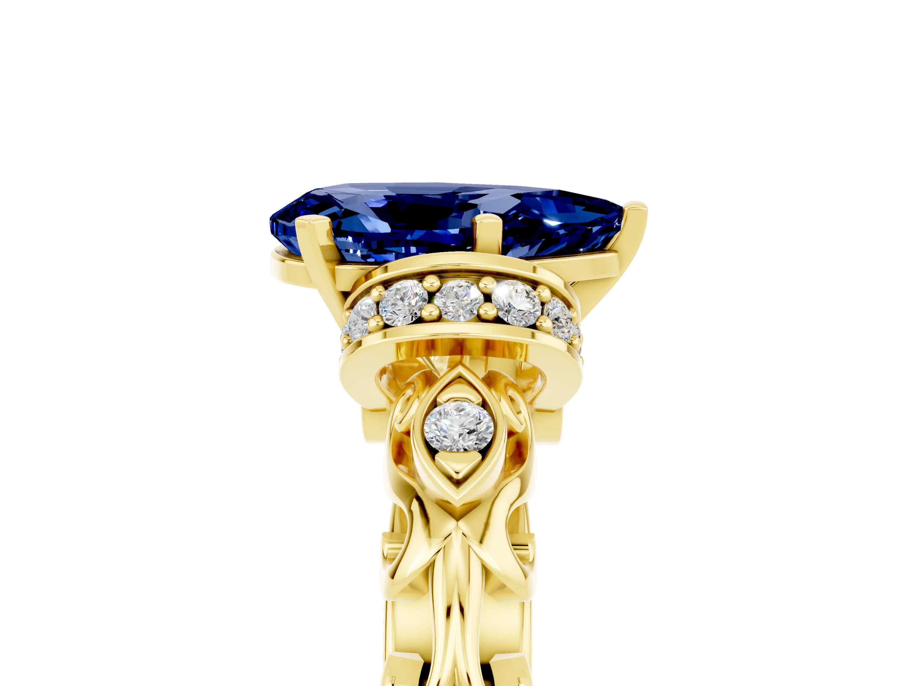 Yellow gold Pear Cut Blue Sapphire Solitaire Ring with Filigree Band and Four-Prong Setting_29