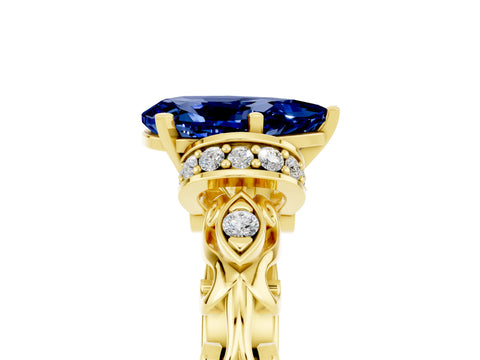Yellow gold Pear Cut Blue Sapphire Solitaire Ring with Filigree Band and Four-Prong Setting_29