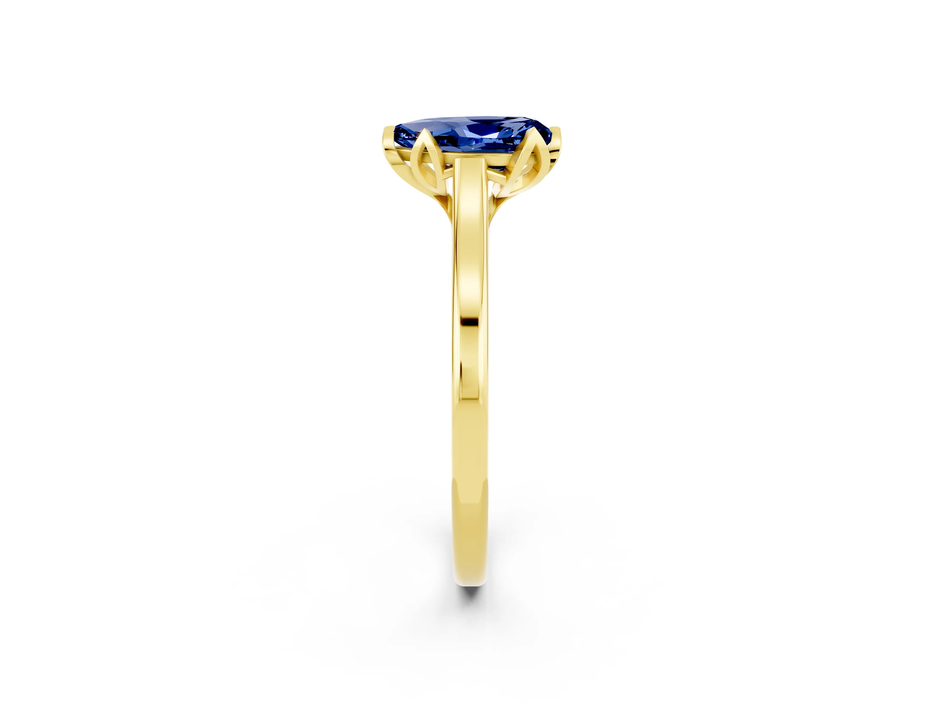 Yellow gold Pear Cut Blue Sapphire Solitaire Ring with Flower Prong Setting and Classic Band_14