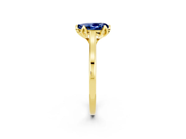 Yellow gold Pear Cut Blue Sapphire Solitaire Ring with Flower Prong Setting and Classic Band