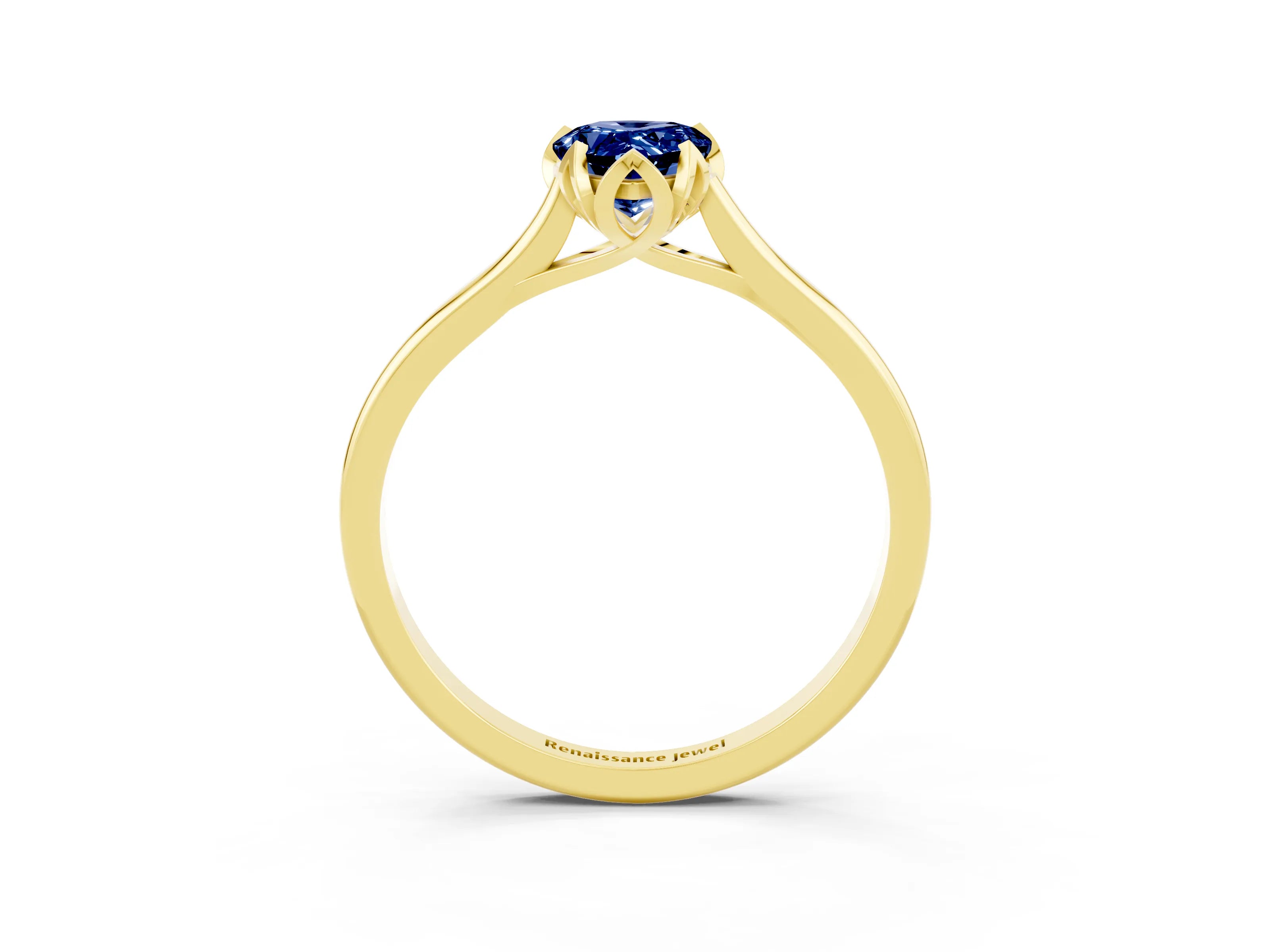 Yellow gold Pear Cut Blue Sapphire Solitaire Ring with Flower Prong Setting and Classic Band_15