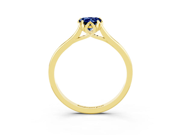 Yellow gold Pear Cut Blue Sapphire Solitaire Ring with Flower Prong Setting and Classic Band
