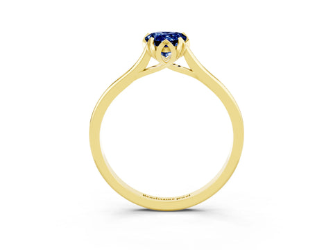 Yellow gold Pear Cut Blue Sapphire Solitaire Ring with Flower Prong Setting and Classic Band_15