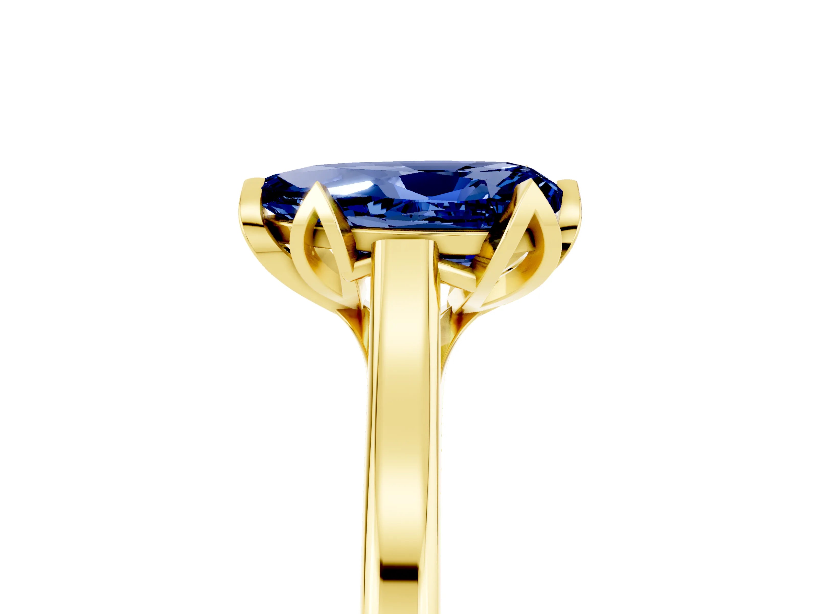Yellow gold Pear Cut Blue Sapphire Solitaire Ring with Flower Prong Setting and Classic Band_17