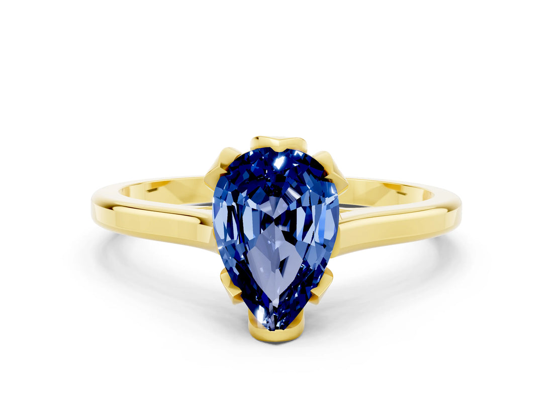 Yellow gold Pear Cut Blue Sapphire Solitaire Ring with Flower Prong Setting and Classic Band_36