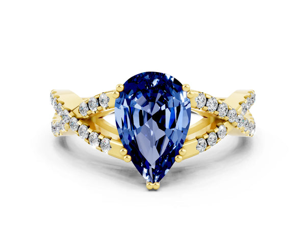 Yellow gold Pear Cut Blue Sapphire Solitaire Ring with Four-Prong Setting and Twisted Pavé Band