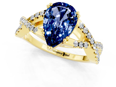 Yellow gold Pear Cut Blue Sapphire Solitaire Ring with Four-Prong Setting and Twisted Pavé Band_1