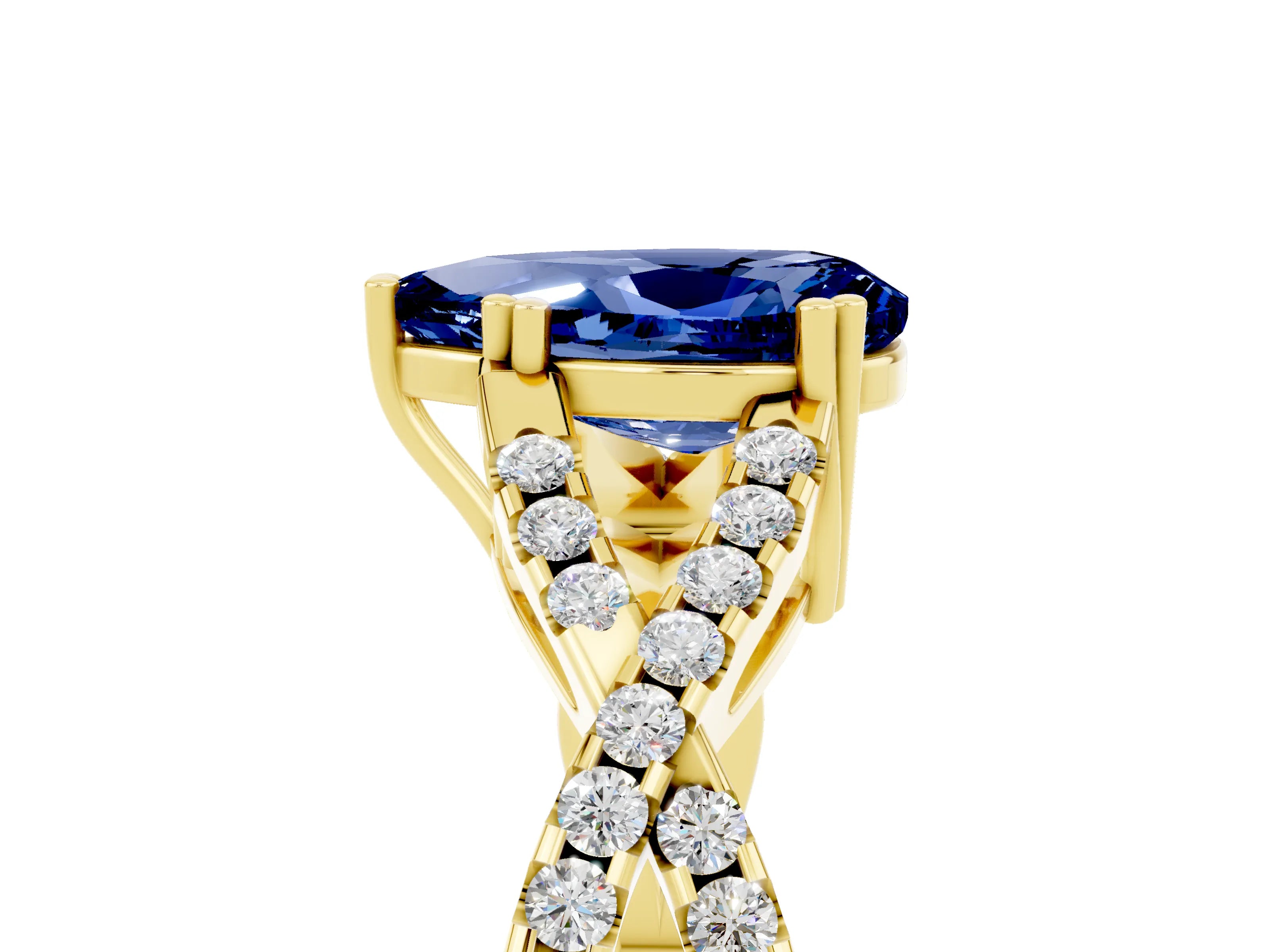 Yellow gold Pear Cut Blue Sapphire Solitaire Ring with Four-Prong Setting and Twisted Pavé Band_5