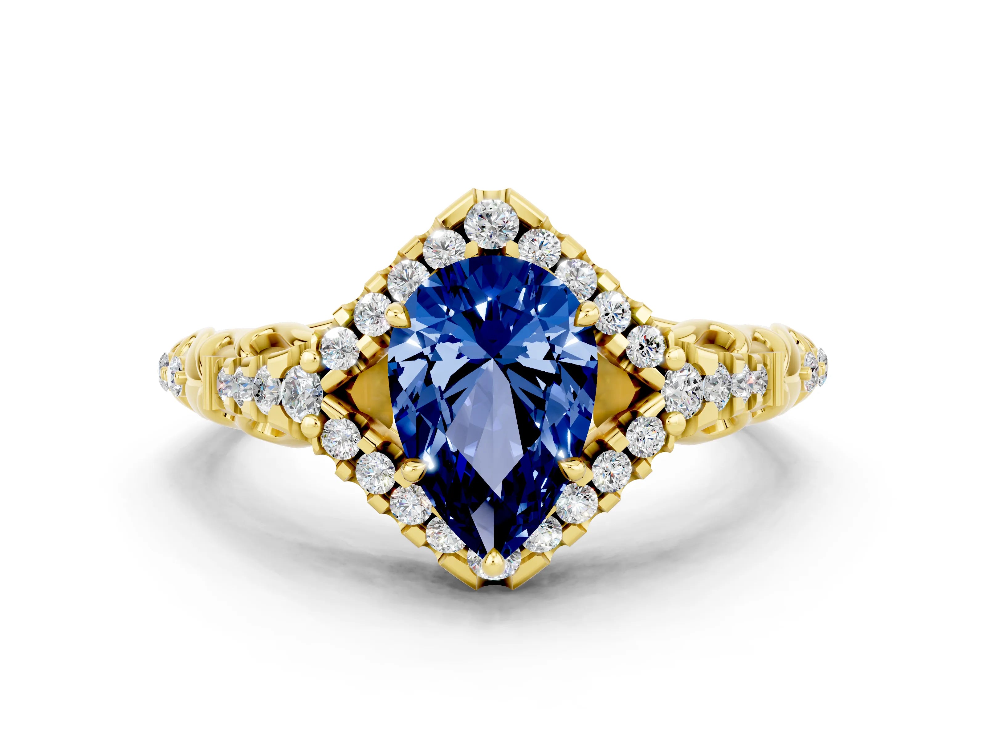 Yellow gold Pear Cut Blue Sapphire Solitaire Ring with Hidden Halo and Pavé Band_12
