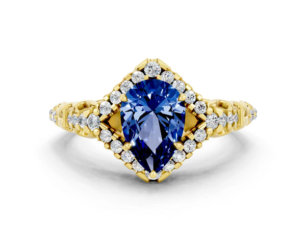 Yellow gold Pear Cut Blue Sapphire Solitaire Ring with Hidden Halo and Pavé Band