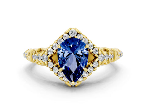 Yellow gold Pear Cut Blue Sapphire Solitaire Ring with Hidden Halo and Pavé Band_12