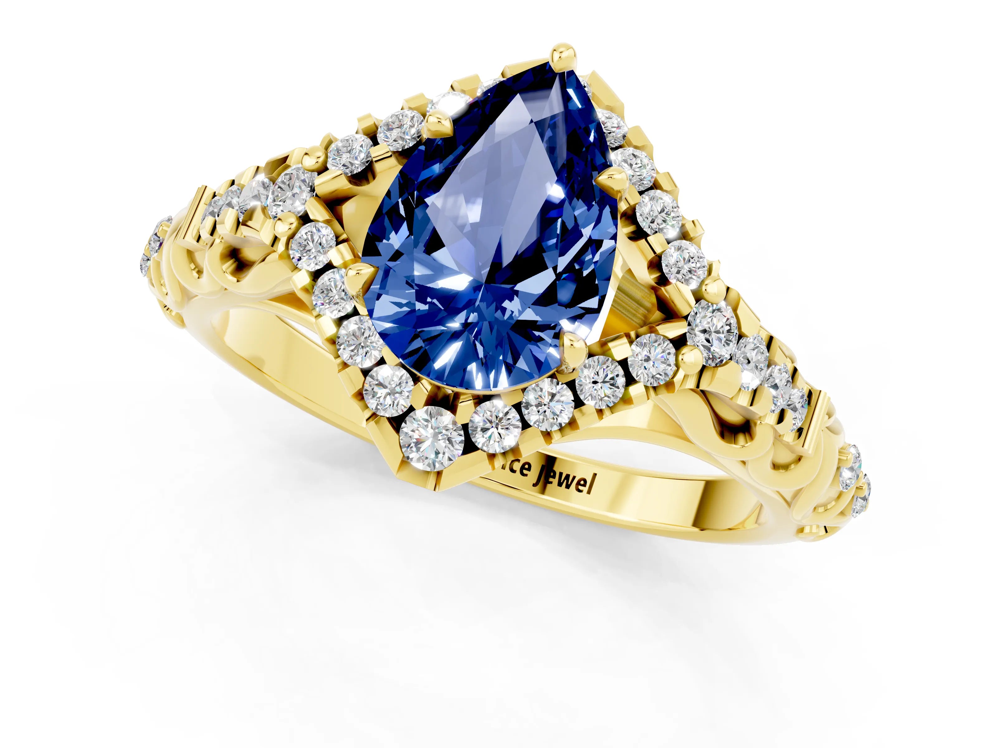 Yellow gold Pear Cut Blue Sapphire Solitaire Ring with Hidden Halo and Pavé Band_13