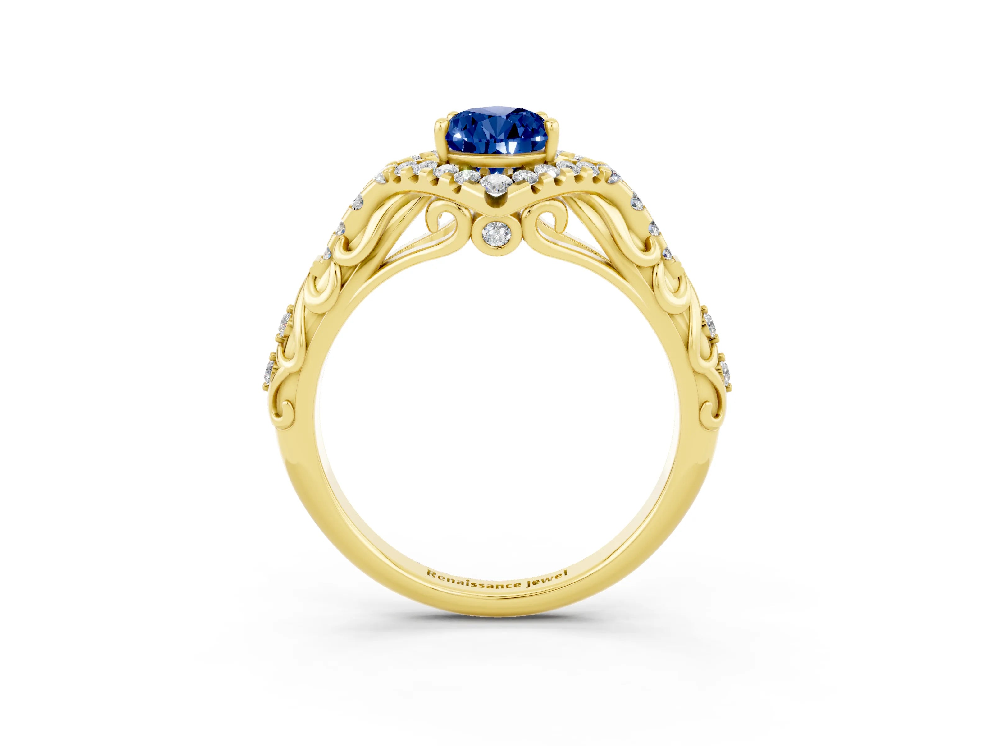 Yellow gold Pear Cut Blue Sapphire Solitaire Ring with Hidden Halo and Pavé Band_15