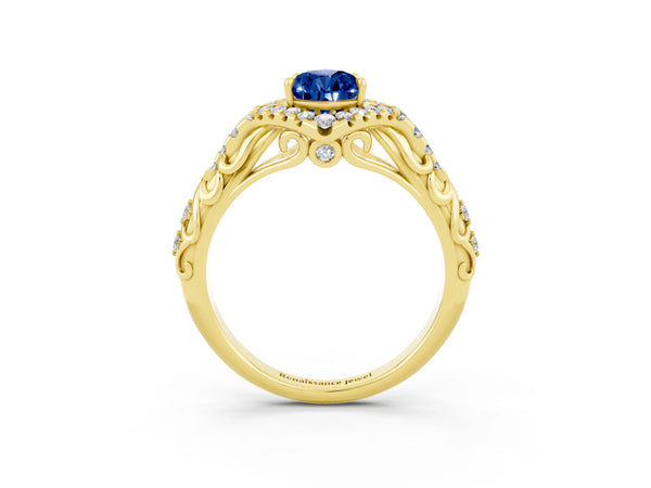 Yellow gold Pear Cut Blue Sapphire Solitaire Ring with Hidden Halo and Pavé Band
