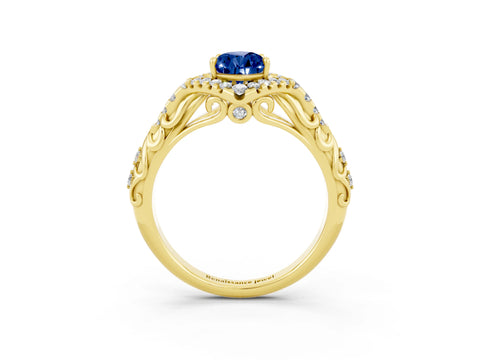 Yellow gold Pear Cut Blue Sapphire Solitaire Ring with Hidden Halo and Pavé Band_15