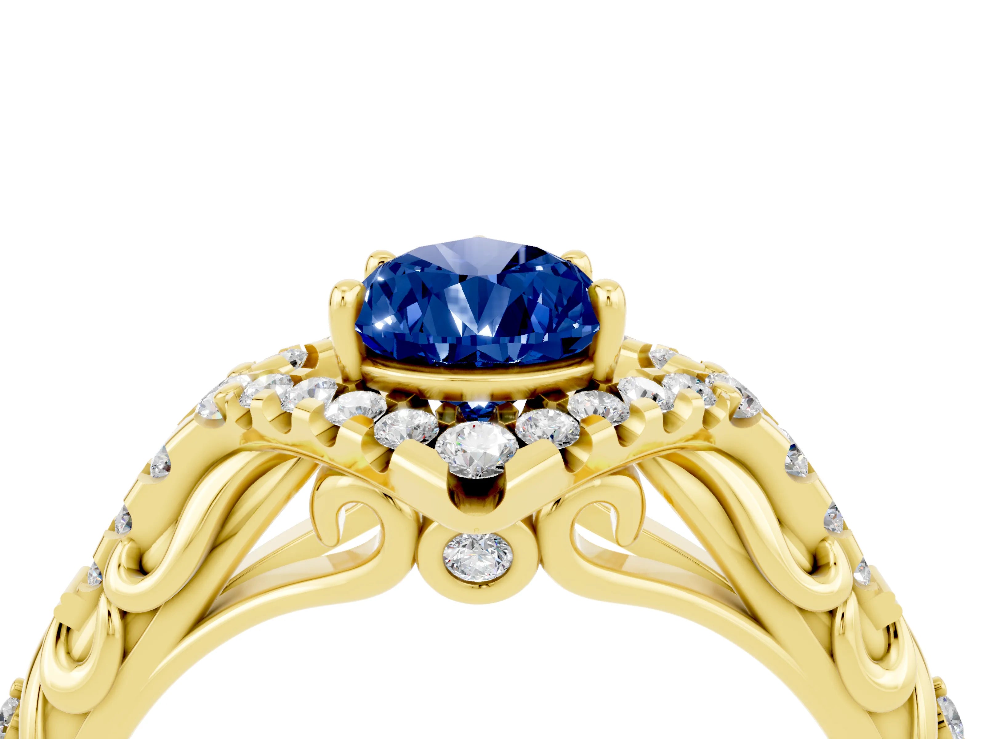 Yellow gold Pear Cut Blue Sapphire Solitaire Ring with Hidden Halo and Pavé Band_16