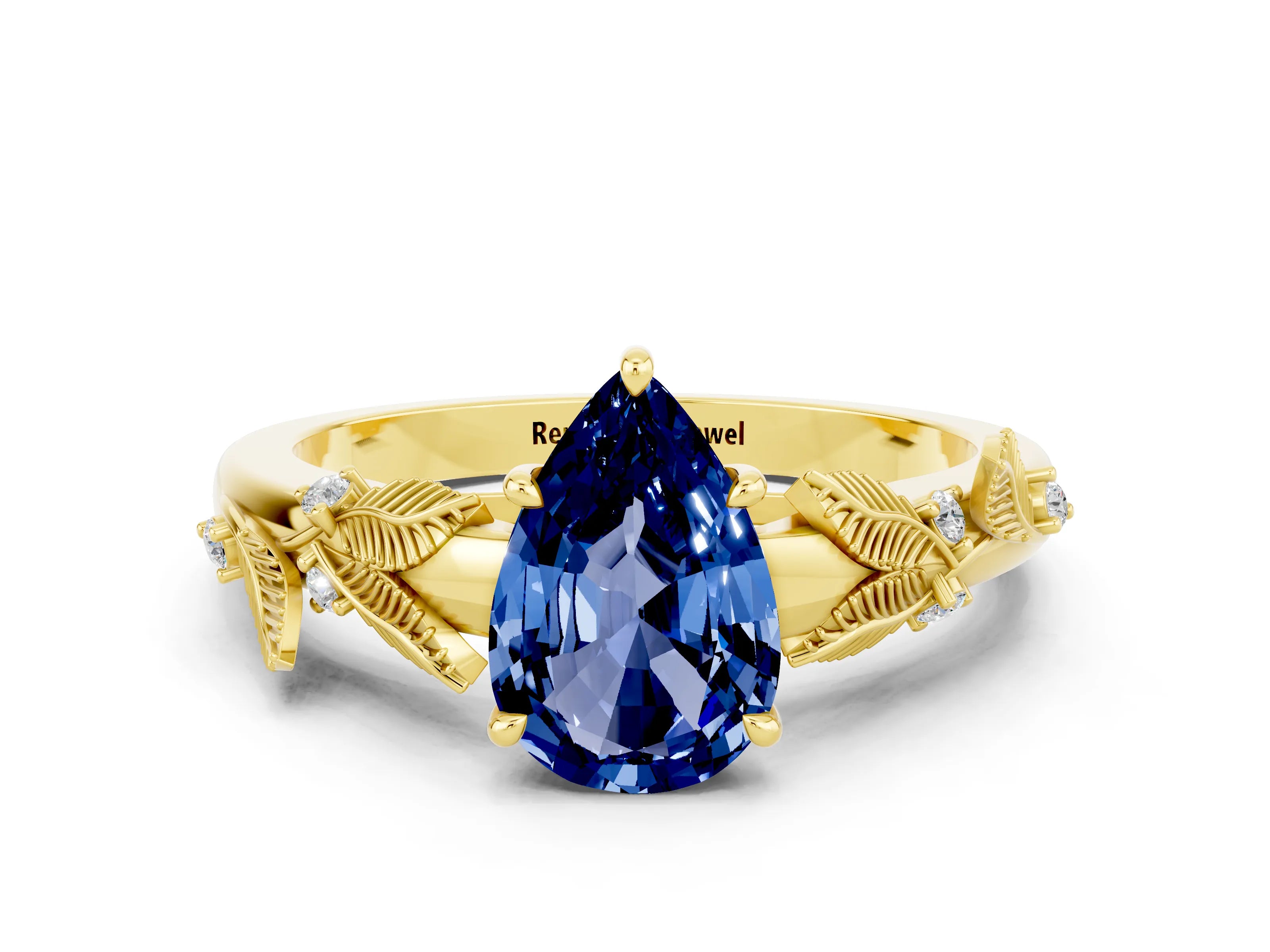 Yellow gold Pear Cut Blue Sapphire Solitaire Ring with Leaf Motif Band and Four-Prong Setting