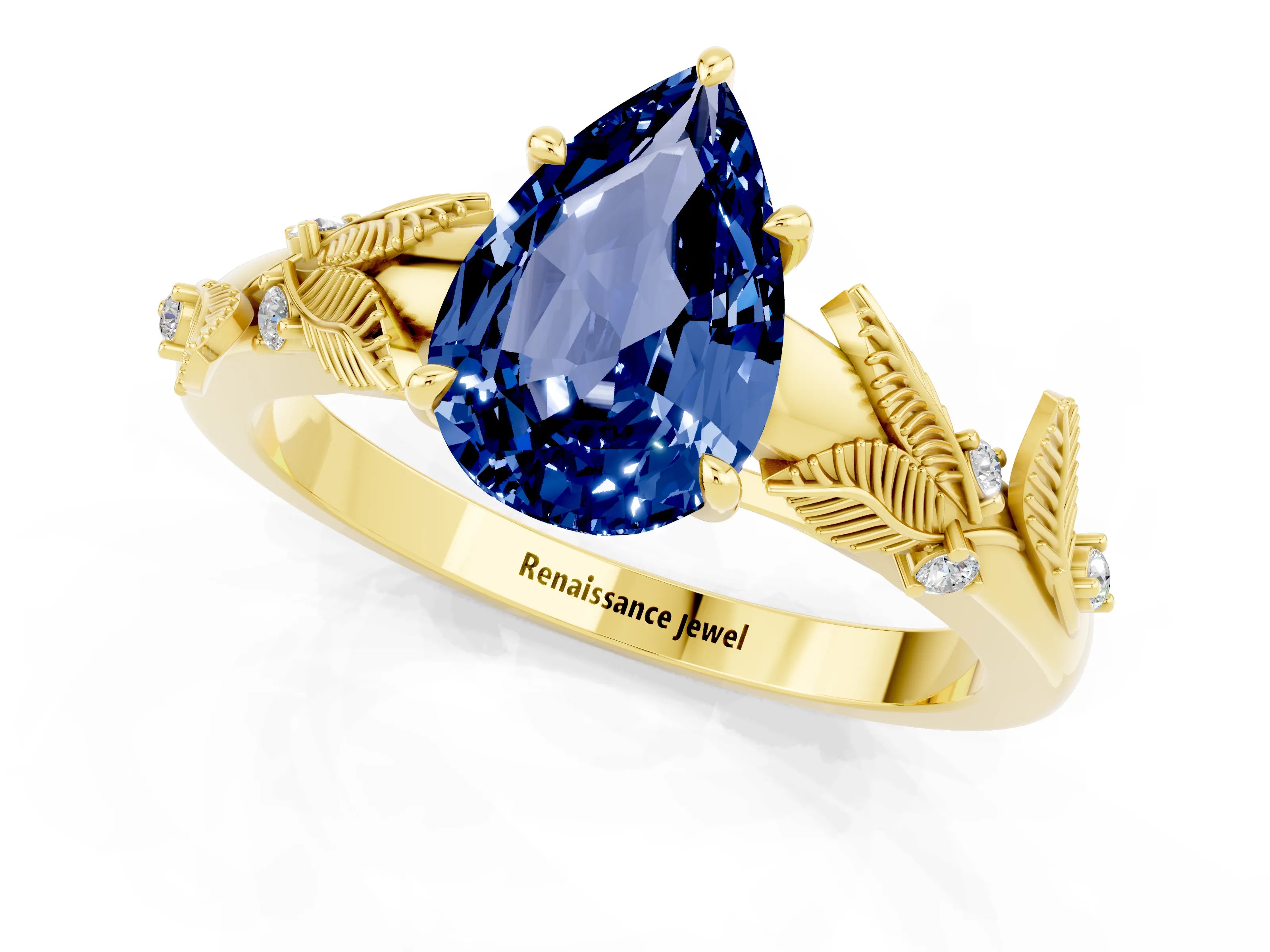 Yellow gold Pear Cut Blue Sapphire Solitaire Ring with Leaf Motif Band and Four-Prong Setting_1