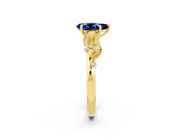 Yellow gold Pear Cut Blue Sapphire Solitaire Ring with Leaf Motif Band and Four-Prong Setting
